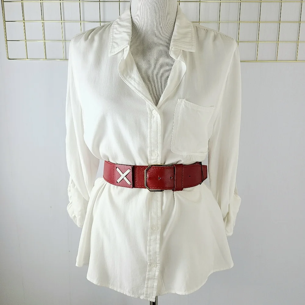 Vera Neumann Red White Graphic Wide Genuine Leather Vintage Belt